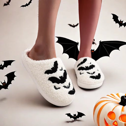 Bat Pattern Embroidery Stuffed Home Thick-soled Cozy Furry Cotton Slippers Halloween Christmas Slippers Checkered Scuff For Women And Men Holiday Indoor Bedroom Fluffy Warm Fleece Slippers